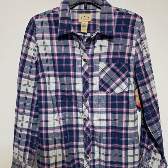 Blue Mountain Women's Navy Pink Plaid Cotton Button Up Flannel Shirt Medium NWT - Picture 3 of 8